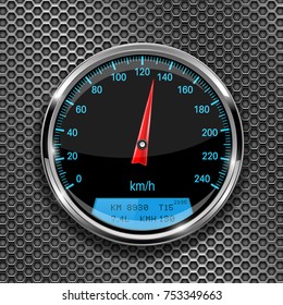 Speedometer. Round black gauge with chrome frame on metal perforated background. Vector 3d illustration