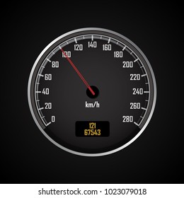Speedometer. Round black gauge with and without chrome frame. Vector 3d illustration.