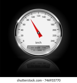 Speedometer. Round gage with chrome frame. Vector 3d illustration on black background
