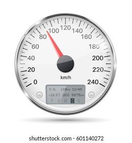 Speedometer. Round white gauge with chrome frame. Vector 3d illustration isolated on white background