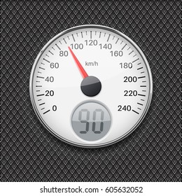 Speedometer. Round white gauge with chrome frame. Vector 3d illustration on metal perforated background