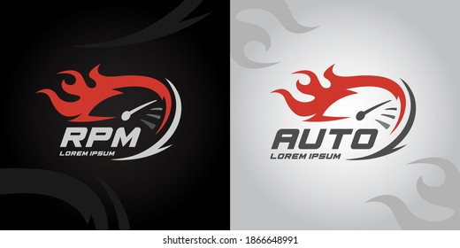 Speedometer RPM gauge icon. Auto speed logo with racing flame. Instrument cluster performance sign. Vector illustration.