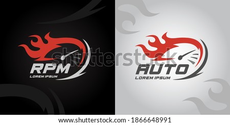 Speedometer RPM gauge icon. Auto speed logo with racing flame. Instrument cluster performance sign. Vector illustration.