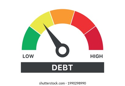 Speedometer scale with arrow from green to red. Debt measuring device icon. Sign tachometer, speedometer