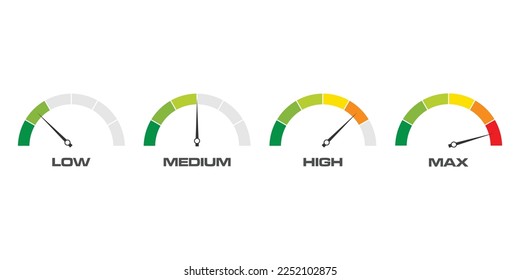 Speedometer scale. Set of gauges from low to high. Vector illustration