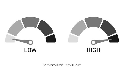 Speedometer scale vector set. Risk meter icons set. Business speedometer vector icon template. Energy meter icon. Gauge level vector.  Tachometer low and high barometers. The value on the speedometer 