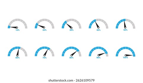 Speedometer set 10%, 20%, 30%, 40%, 50%, 60%, 70%, 80%, 90% and 100% icon or speedometer symbol design vector illustration isolated on white background.
