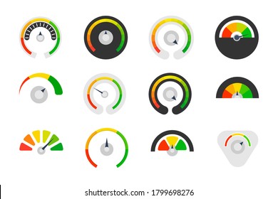 Speedometer set. Different measurement devices with a scale and arrow. Symbol of speed. Credit score indicators. Tachometer. Level indicator. Pressure gauge. Manometer. Thermostat.