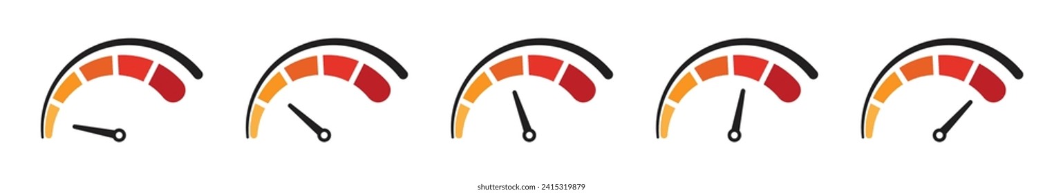 Conjunto de velocímetro de cinco en color negro y rojo con cero a progreso total sobre fondo blanco. Medidor de velocidad con flecha con indicador rojo, naranja y negro. Nivel bajo, medio, alto y de riesgo