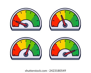 Speedometer set, gauge meter. Speed dial indicator. Scale, level of performance. Score progress. Vector illustration