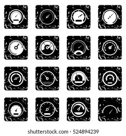 Speedometer set icons in grunge style isolated on white background. Vector illustration