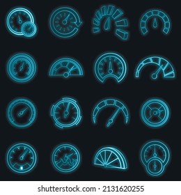Speedometer set icons in neon style isolated on a black background