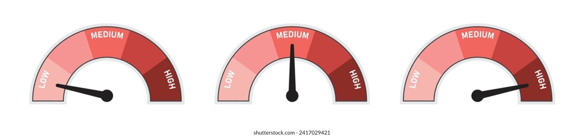 Speedometer set with indication of low medium and high. Speedometer scale of skin tone fair to dark with arrow and text low, medium and high - Vector Illustration