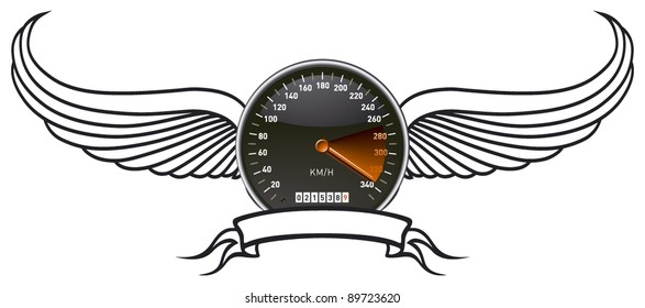 speedometer shield with wings and banner