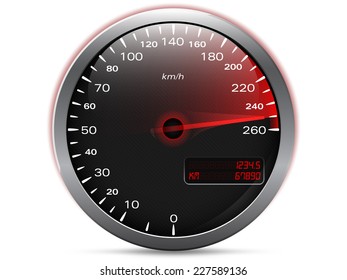 Speedometer showing maximum speed with needle in red, with metal frame and analogue - digital display, isolated on white