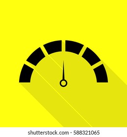 Speedometer sign illustration. Black icon with flat style shadow path on yellow background.