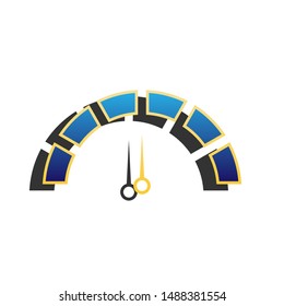 Speedometer sign illustration. Blue icon with gold contour with dark gray shadow at white background. Illustration.