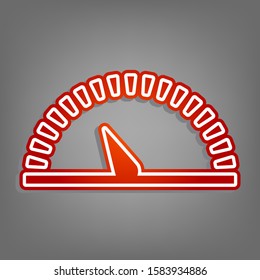 Speedometer sign illustration. Flat red icon with linear white icon with gray shadow at grayish background. Illustration.