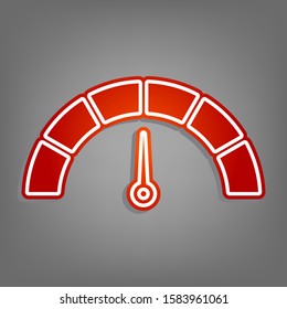 Speedometer sign illustration. Flat red icon with linear white icon with gray shadow at grayish background. Illustration.