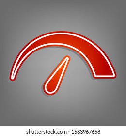 Speedometer sign illustration. Flat red icon with linear white icon with gray shadow at grayish background. Illustration.
