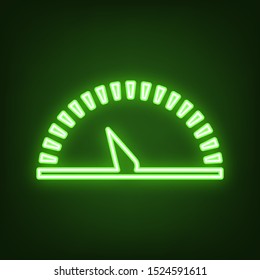 Speedometer sign illustration. Green neon icon in the dark. Blurred lightening. Illustration.