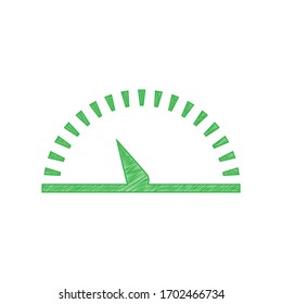 Ilustración del signo del velocímetro. Ícono de garabato verde con contorno sólido sobre fondo blanco.  Ilustración.