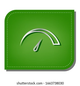 Speedometer sign illustration. Silver gradient line icon with dark green shadow at ecological patched green leaf. Illustration.