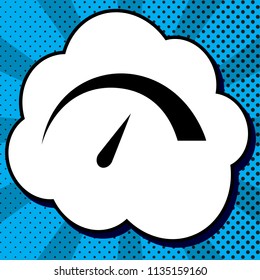 Speedometer sign illustration. Vector. Black icon in bubble on blue pop-art background with rays.