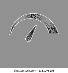 Speedometer sign illustration. Vector. Black maze filled icon with white border at gray background.