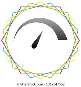 Speedometer sign illustration. Vector. Black icon with patch of light inside colorful hexagonal frames at white background.