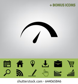 Speedometer sign illustration. Vector. Black icon at gray background with bonus icons at celery ones