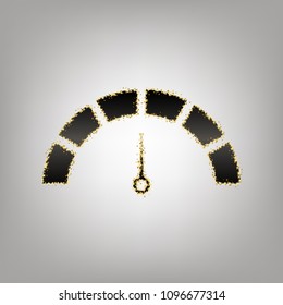 Speedometer sign illustration. Vector. Blackish icon with golden stars at grayish background.