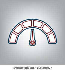 Speedometer sign illustration. Vector. Dark red, transparent and midnight green stroke of white icon at grayish background.