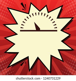 Speedometer sign illustration. Vector. Dark red icon in lemon chiffon shutter bubble at red popart background with rays.