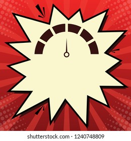 Speedometer sign illustration. Vector. Dark red icon in lemon chiffon shutter bubble at red popart background with rays.