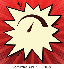 Speedometer sign illustration. Vector. Dark red icon in lemon chiffon shutter bubble at red popart background with rays.