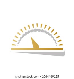 Speedometer sign illustration. Vector. Golden gradient icon with white contour and rotated gray shadow at white background.