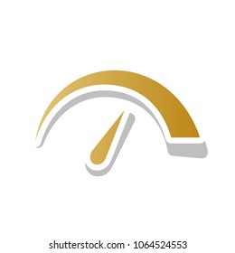 Speedometer sign illustration. Vector. Golden gradient icon with white contour and rotated gray shadow at white background.
