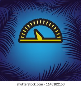 Speedometer sign illustration. Vector. Golden icon with black contour at blue background with branches of palm trees.