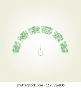 Speedometer sign illustration. Vector. Green hexagon rastered icon and noised opacity and size at light green background with central light.