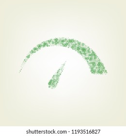 Speedometer sign illustration. Vector. Green hexagon rastered icon and noised opacity and size at light green background with central light.