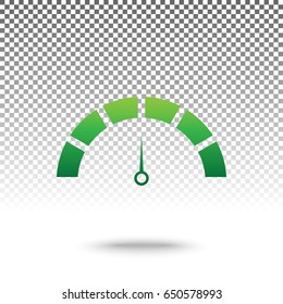 Speedometer sign illustration. Vector. Green gradient icon with shadow at bottom on transparent and white background.