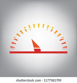 Speedometer sign illustration. Vector. Horizontally sliced icon with colors from sunny gradient in gray background.