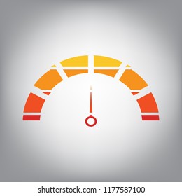 Speedometer sign illustration. Vector. Horizontally sliced icon with colors from sunny gradient in gray background.