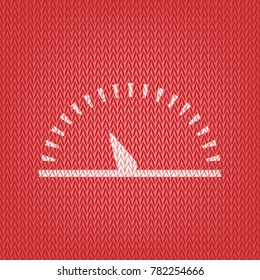 Speedometer sign illustration. Vector. Knitted white icon on a red knitted background.