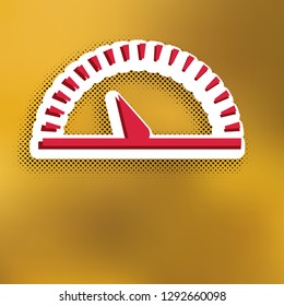 Speedometer sign illustration. Vector. Magenta icon with darker shadow, white sticker and black pop art shadow on golden background.