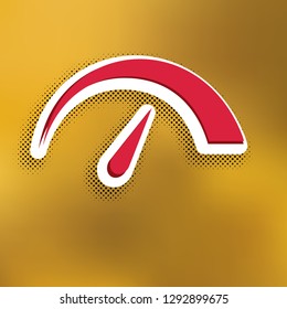 Speedometer sign illustration. Vector. Magenta icon with darker shadow, white sticker and black popart shadow on golden background.