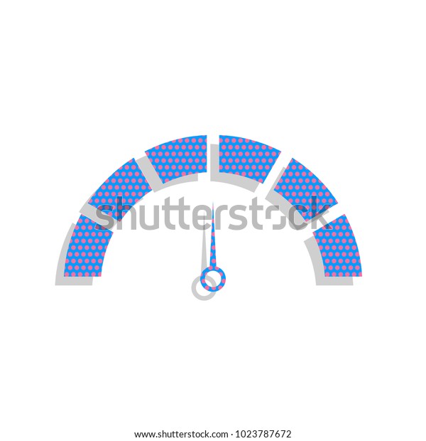 Speedometer sign illustration. Vector. Neon\
blue icon with cyclamen polka dots pattern with light gray shadow\
on white background.\
Isolated.