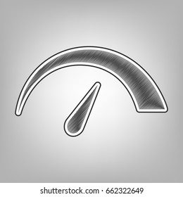 Speedometer sign illustration. Vector. Pencil sketch imitation. Dark gray scribble icon with dark gray outer contour at gray background.