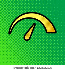 Speedometer sign illustration. Vector. Pop art orange to yellow dots-gradient icon with black contour at greenish background.
